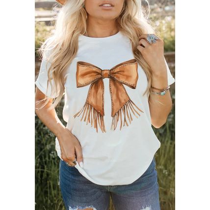 White Tassel Bowknot Print Round Neck Western Fashion T Shirt