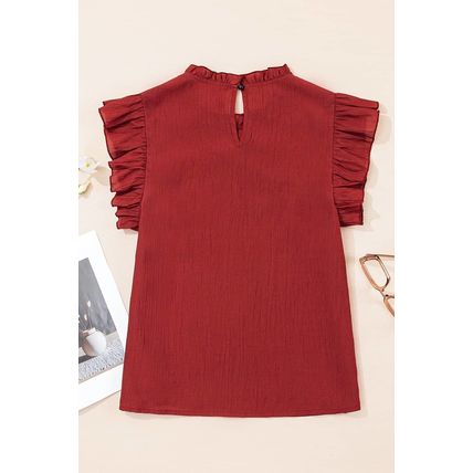 Red Dahlia Solid Color Pleated Detail Ruffle Short Sleeve Blouse