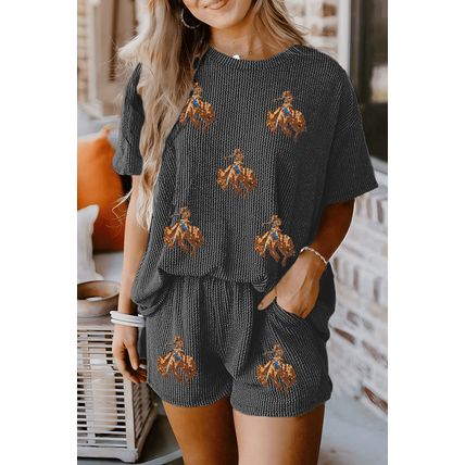 Carbon Grey Western Rodeo Graphic Patched 3D Ribbed Short 2pcs Outfit