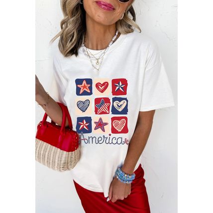 White American Heart Star Checkered Graphic Tee