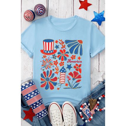 Light Blue America Floral Firework Print 4th of July T Shirt