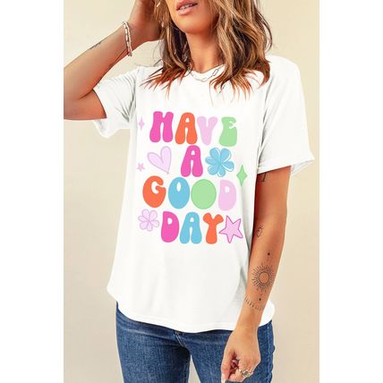 White HAVE A GOOD DAY Print Graphic Casual Tee