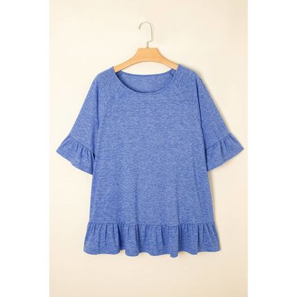 Dusk Blue Ruffled Short Sleeve Plus Size Casual Blouse