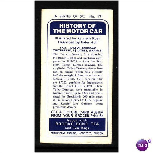 Brook Bond History of the Motor Car No 17 1921 TALBOT - DARRACQ Fine Mint