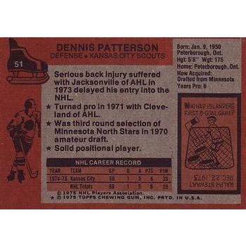 1975-76 Topps Hockey Dennis Patterson #51 RC