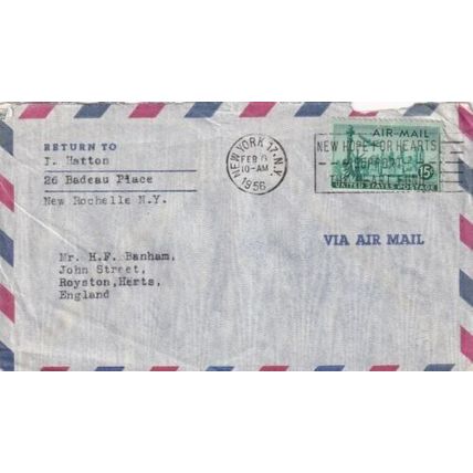 United States 1956 New York NY-Royston UK Air Mail Cover New York cancel typed