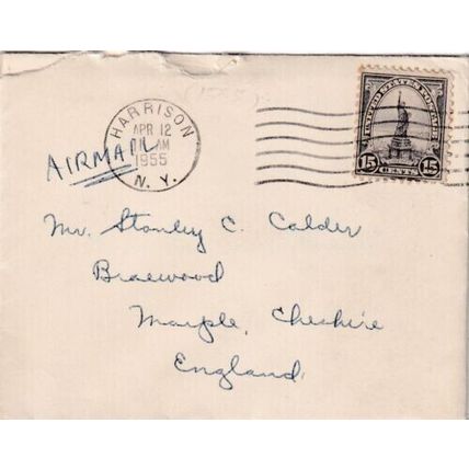 United States 1955 Harrison NY-Cheshire UK Cover Harrison cancel written VGC
