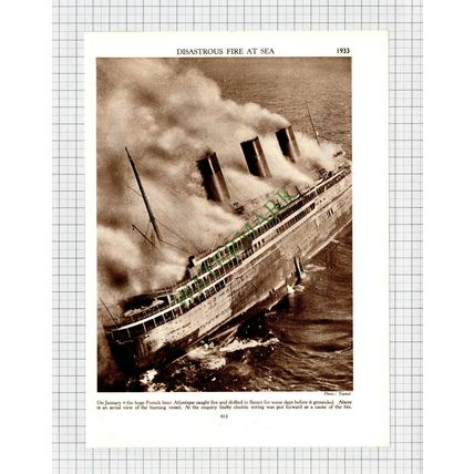9248) French Liner Ship ATLANTIQUE Fire - 1930s Cutting