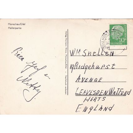 Monschau Hallerpartie Gernany Postcard posted 1956 creased