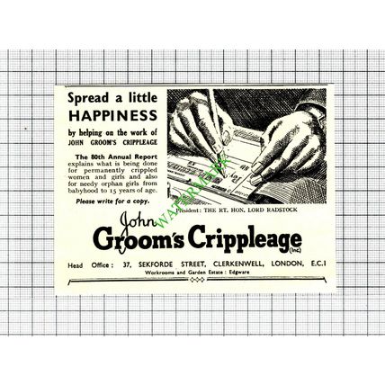 John Groom's Crippleage Clerkenwell London Lord Radstock - 1947 SMALL Cutting