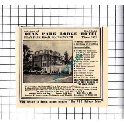 Meyrick Cliffs Hotel Bournemouth / Dean Park Lodge Small Advert -1958 Cutting