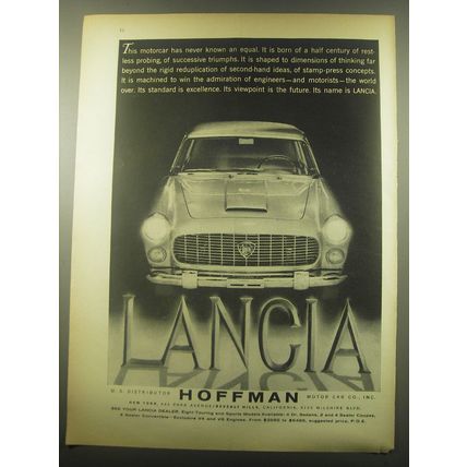 1959 Lancia Car Ad - This motorcar has never known an equal