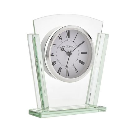 Widdops Glass Mantel Clock Glass Art Deco Style 15 CM White Face Roman Numerals