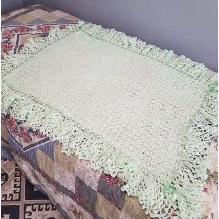 Vintage Handmade Crochet Baby Blanket + Mint + Ribbon