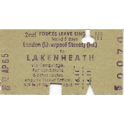B.R.B. Edmondson Multiprinter Ticket - London Liverpool Street to Lakenheath