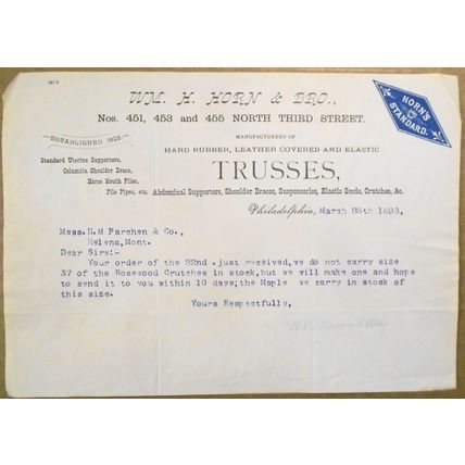 1893 Wm. H. Horn & Bro., Trusses - Original customer letter, Philadelphia, PA