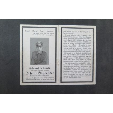 GERMAN DEATH NOTICE - JOHANN FASBENDER , DIED 1942 ON THE EASTERN FRONT