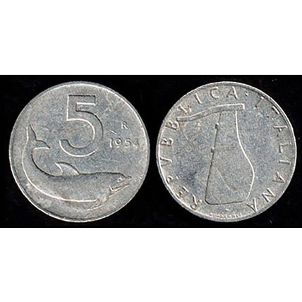 Italy 5L 1954 Dolphin and Rudder Used Coin