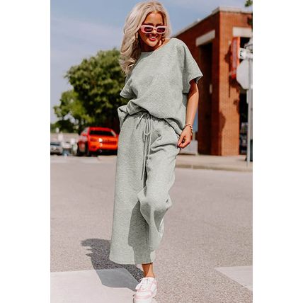 Gray Textured Loose Fit T Shirt and Drawstring Pants Set