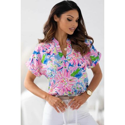 Pink Abstract Floral Print Notch V Neck Rolled Short Sleeve Blouse