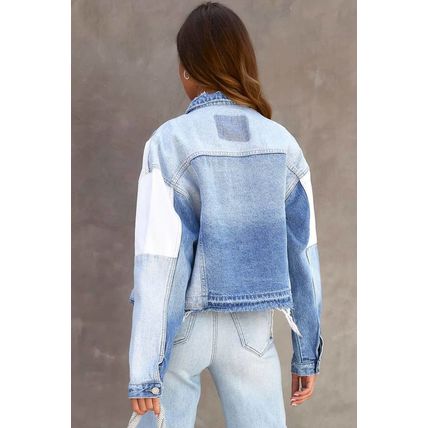 Sky Blue Color Block Denim Patchwork Frayed Hem Jacket