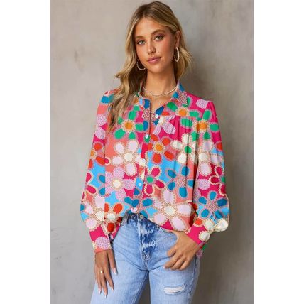 Multicolor Floral Print Bubble Sleeve Shirt