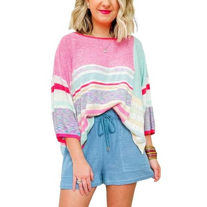 Pink Color Block Striped Three-Quarter Sleeve Knitted Top