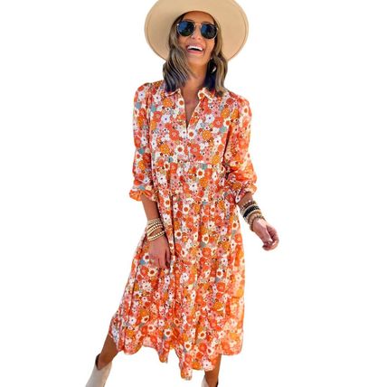 Multicolor Boho Floral Collared Long Sleeve Ruffled Dress