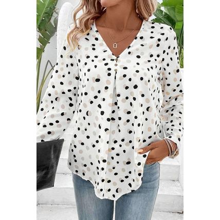 White Polka Dot Print Button Front V Neck Blouse