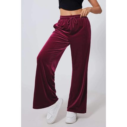 Burgundy Solid Drawstring Waist Wide Leg Pants
