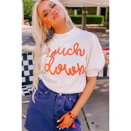 White Touchdown Tinsel Puff Short Sleeve Crew Neck Sweater