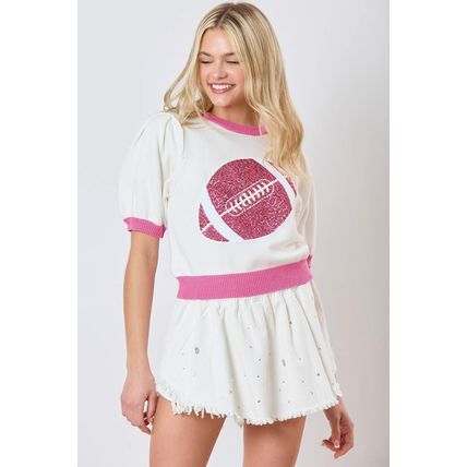 Pink Sequin Rugby Color Block Puff Short Sleeve Sweater