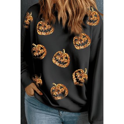 Black Sequin Pumpkin Face Graphic Plus Size Halloween Sweatshirt