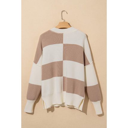 Khaki Checkered Side Slits Drop Shoulder Oversized Sweater