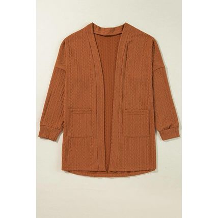 Chestnut Textured Knit Side Pockets Open Front Cardigan