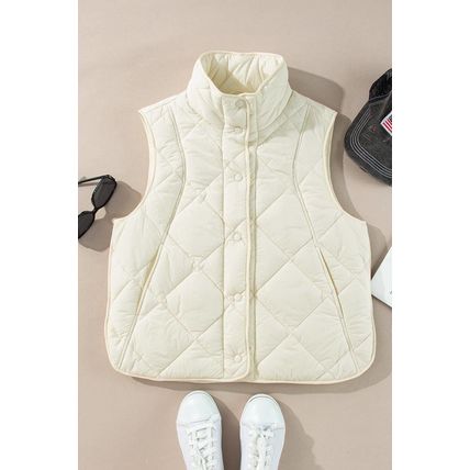 Beige Quilted High Neck Button Up Pocket Vest Coat