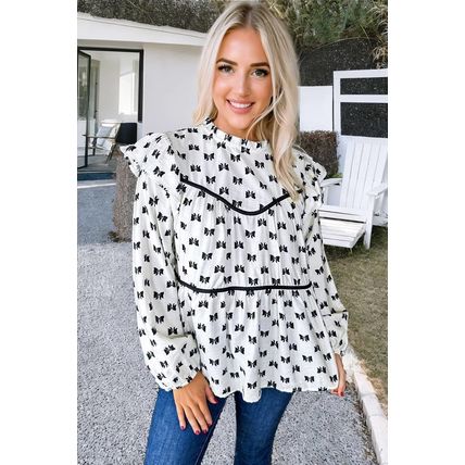 White Bow Knot Print Piping Trim Ruffled Crew Neck Blouse