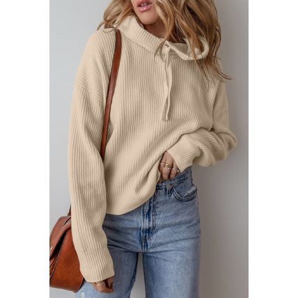Beige Solid Color Drawstring Hooded Drop Shoulder Pullover Sweater
