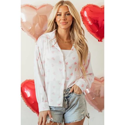 White Love Heart Print Drop Shoulder Puff Sleeve Shirt
