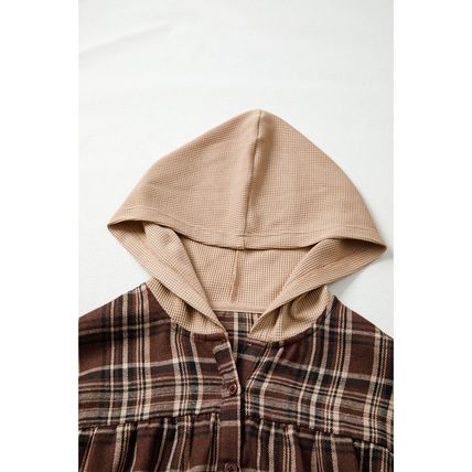 Brown Plaid Patchwork Long Sleeve Button Hooded Blouse