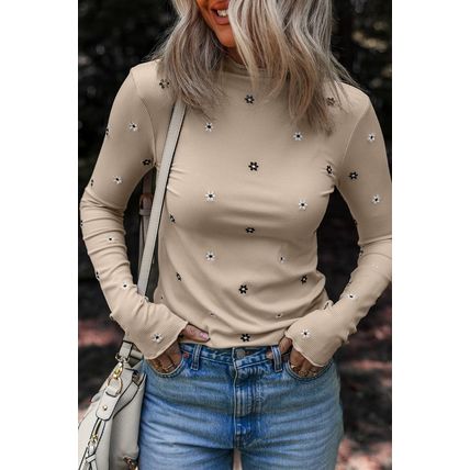 Jet Stream Floral Embroidered Detail Ribbed Long Sleeve Top