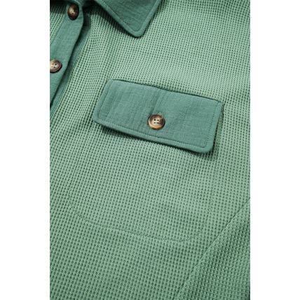 Grass Green Waffle Knit Vintage Patchwork Button Up Loose Shirt