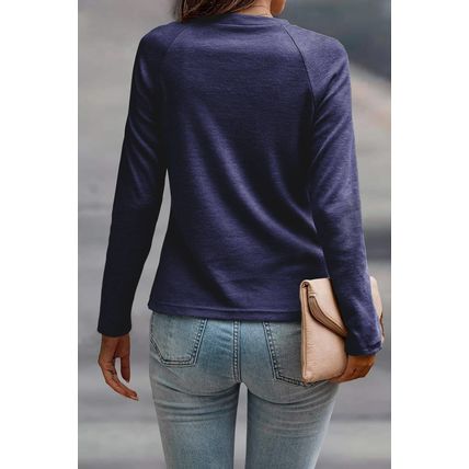 Navy Blue Solid Color Seam Detail Raglan Long Sleeve Top