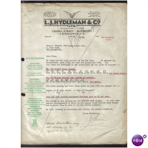 L J HYDLEMAN & CO LTD,MOORGATE,LONDON, EC2, 6NOV1937