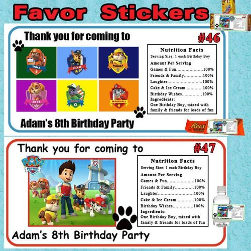 Paw Patrol Birthday Favor Bag/Box Stickers/Labels 1 sheet Personalized