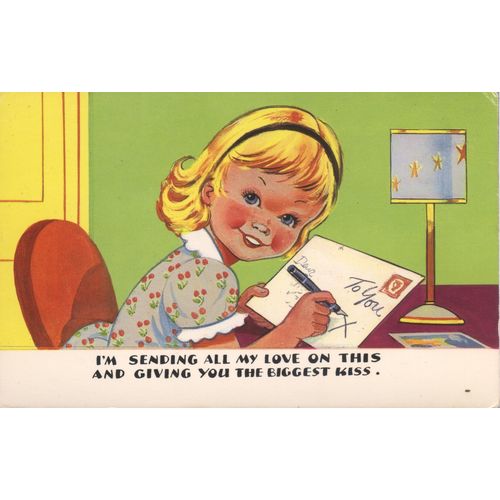 Vintage Greetings Card - Sending all my love on this giving you the biggest kiss