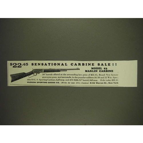 1934 Hudson Sporting Goods with Model 93 Marlin Carbine Ad