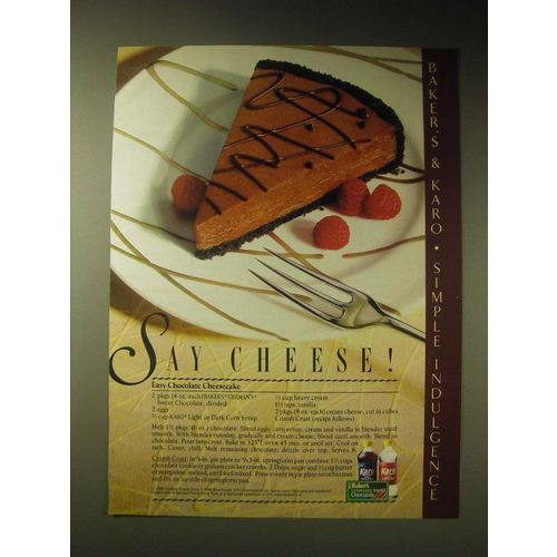 1989 Baker's Chocolate and Karo Syrup Ad - recipe for Easy Chocolate Cheesecake