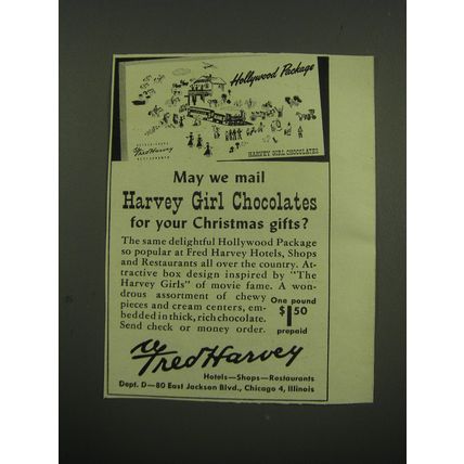 1949 Fred Harvey Hollywood Package Harvey Girl Chocolates Ad - May we mail