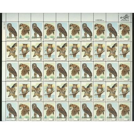 Owls Sheet of Fifty 15 Cent Postage Stamps Scott 1760-63